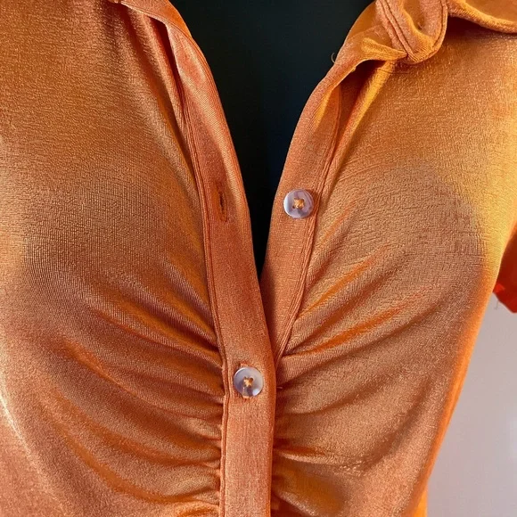 Orange Ruched Button-Up Dress - Picture 3 of 5